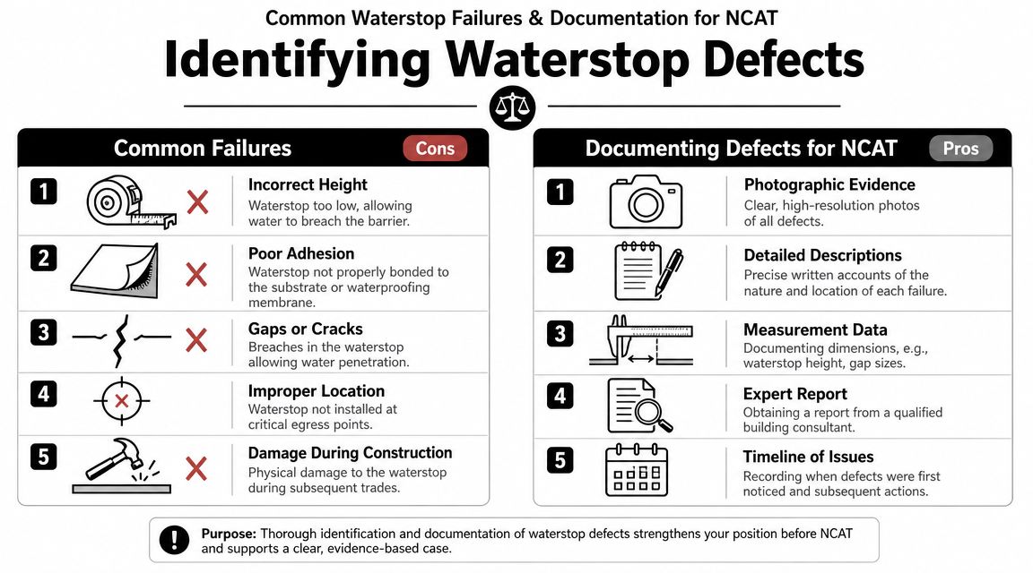 An infographic detailing common waterstop installation failures and the necessary documentation for NCAT dispute cases.
