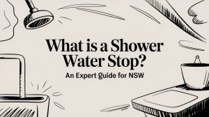 Cover image for an article titled 'What is a Shower Water Stop? An Expert Guide for NSW' with bathroom-themed sketches around the text