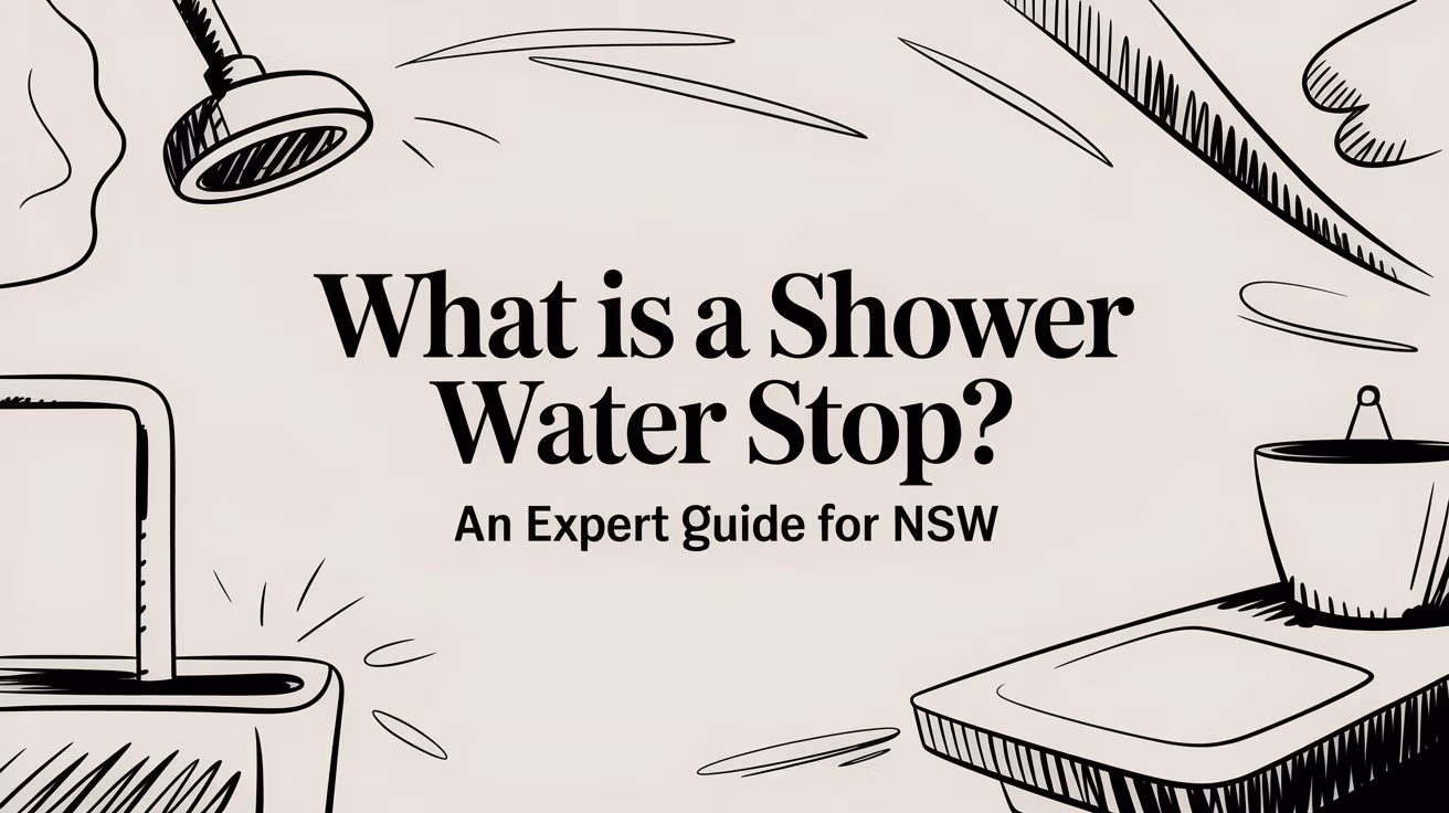 Cover image for an article titled 'What is a Shower Water Stop? An Expert Guide for NSW' with bathroom-themed sketches around the text