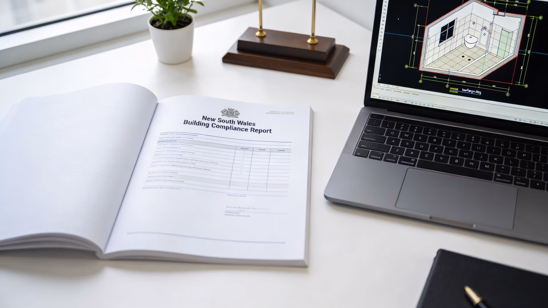 A New South Wales Building Compliance Report on a desk next to a laptop displaying architectural plans.