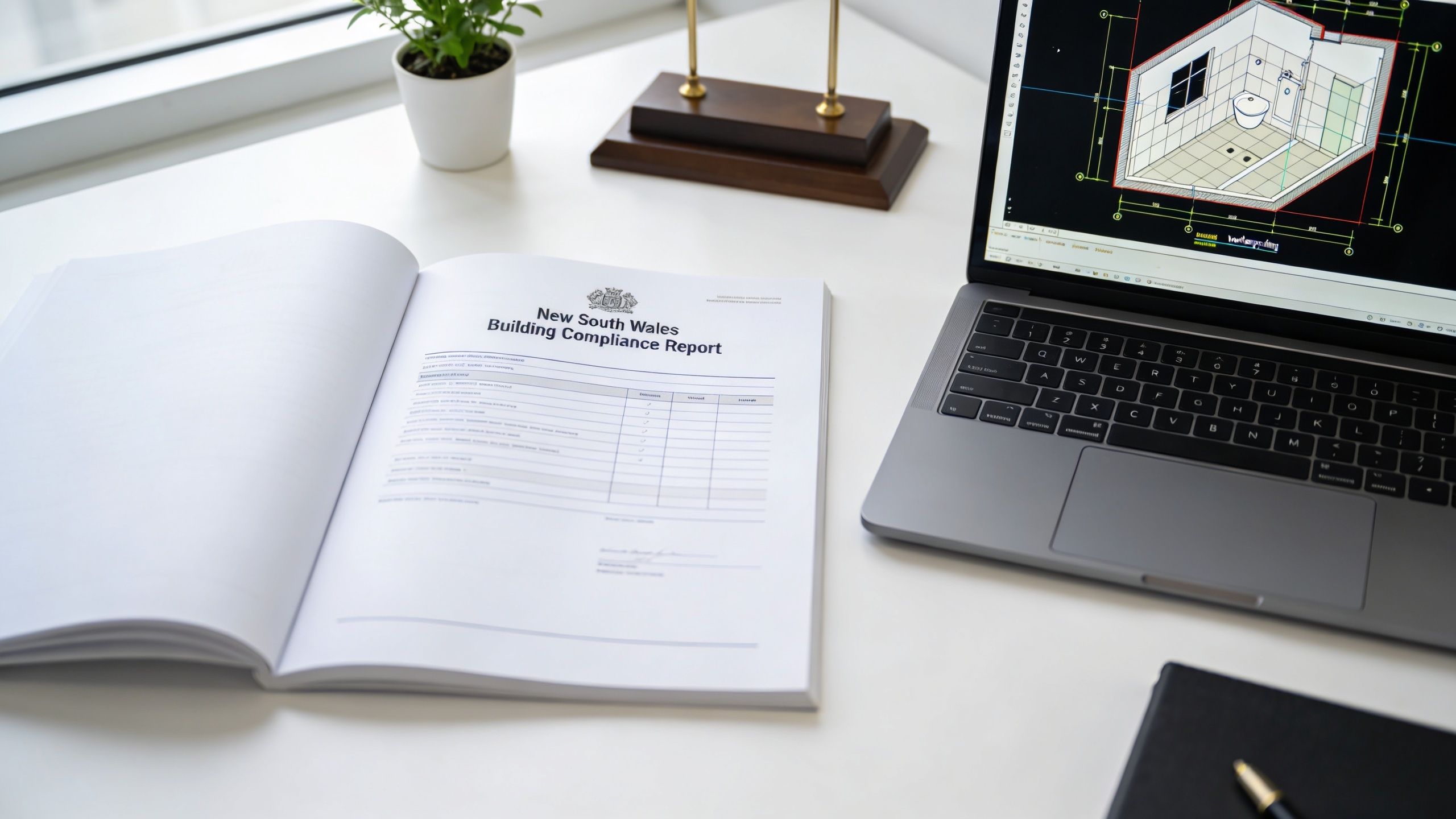 A New South Wales Building Compliance Report on a desk next to a laptop displaying architectural plans.