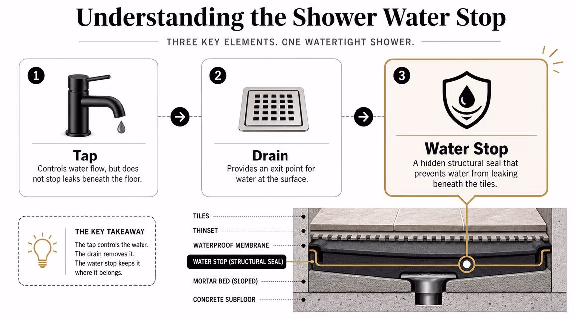 An infographic showing the three essential components of a watertight shower: the tap, drain, and water stop.