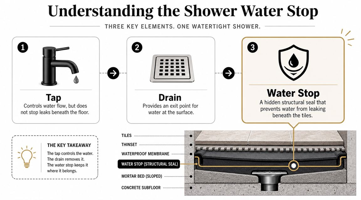 An infographic showing the three essential components of a watertight shower: the tap, drain, and water stop.