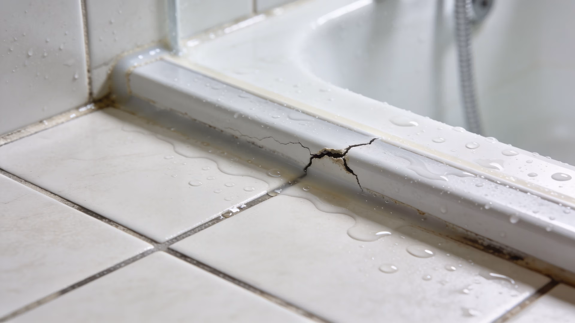 A close-up of a damaged shower threshold showing cracked plastic and water leaking onto bathroom tiles.