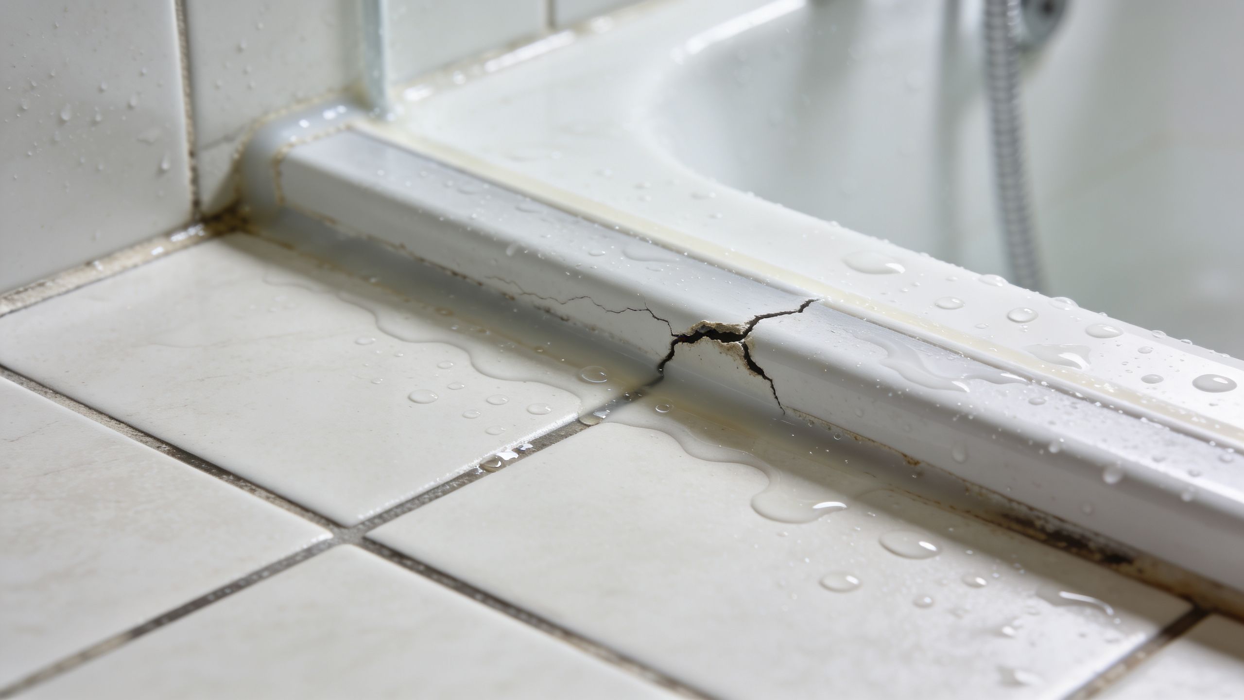 A close-up of a damaged shower threshold showing cracked plastic and water leaking onto bathroom tiles.