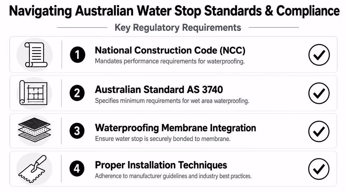 A diagram outlining key regulatory requirements for Australian water stop standards and construction compliance steps.