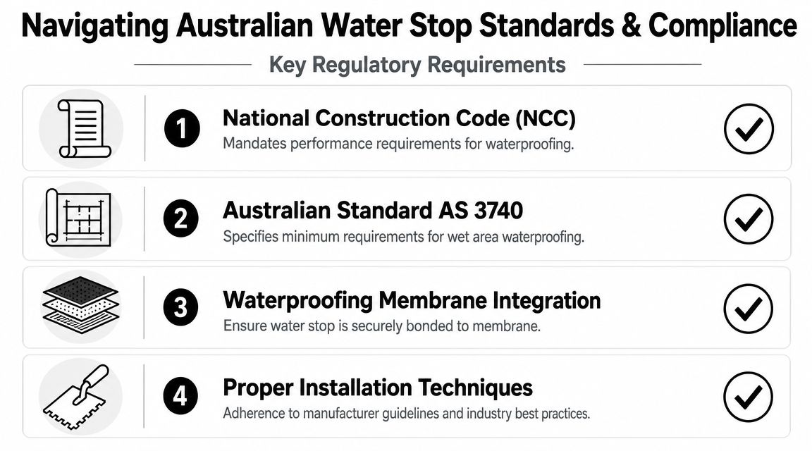 A diagram outlining key regulatory requirements for Australian water stop standards and construction compliance steps.