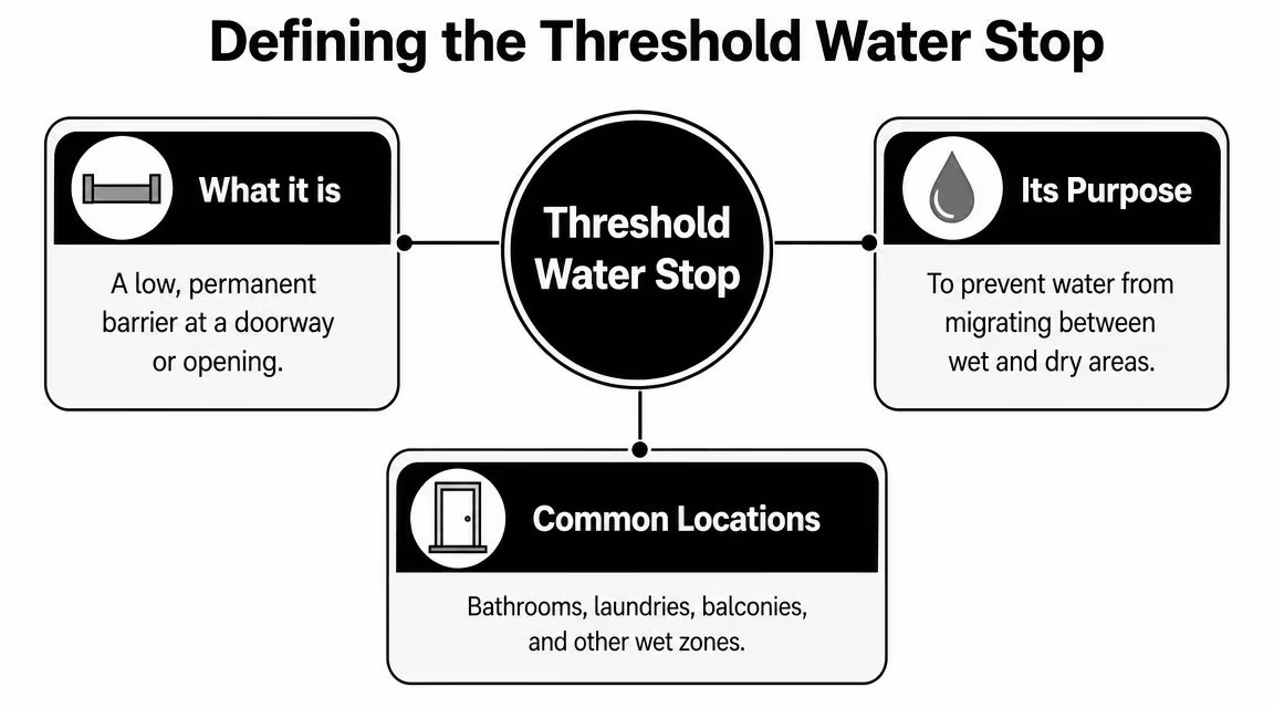 A diagram defining a threshold water stop as a barrier at doorways to prevent water migration.