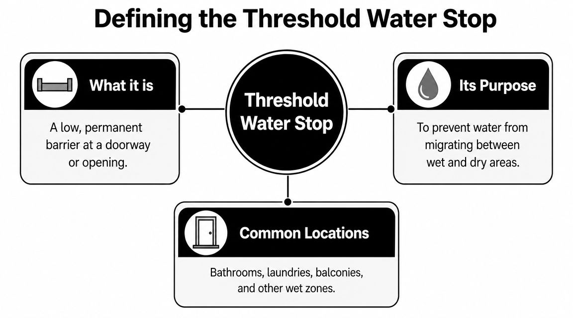 A diagram defining a threshold water stop as a barrier at doorways to prevent water migration.