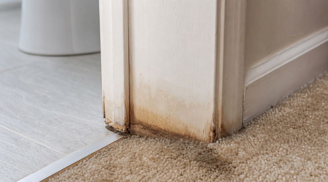 Close-up of a damaged wooden door frame showing water staining and moisture rot near the carpet threshold.
