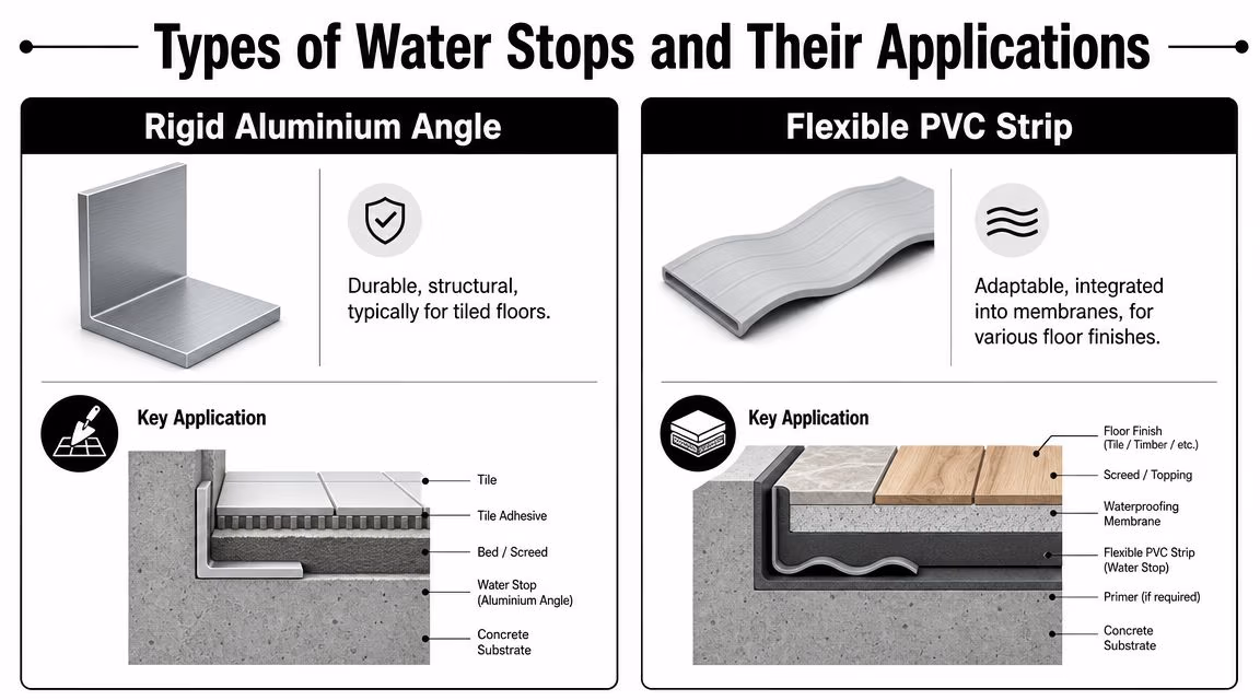 A diagram illustrating the differences and applications between rigid aluminium angle and flexible PVC strip water stops.