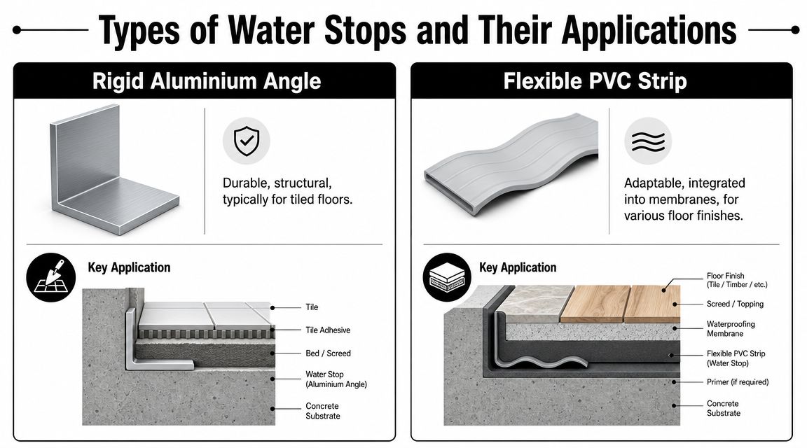 A diagram illustrating the differences and applications between rigid aluminium angle and flexible PVC strip water stops.