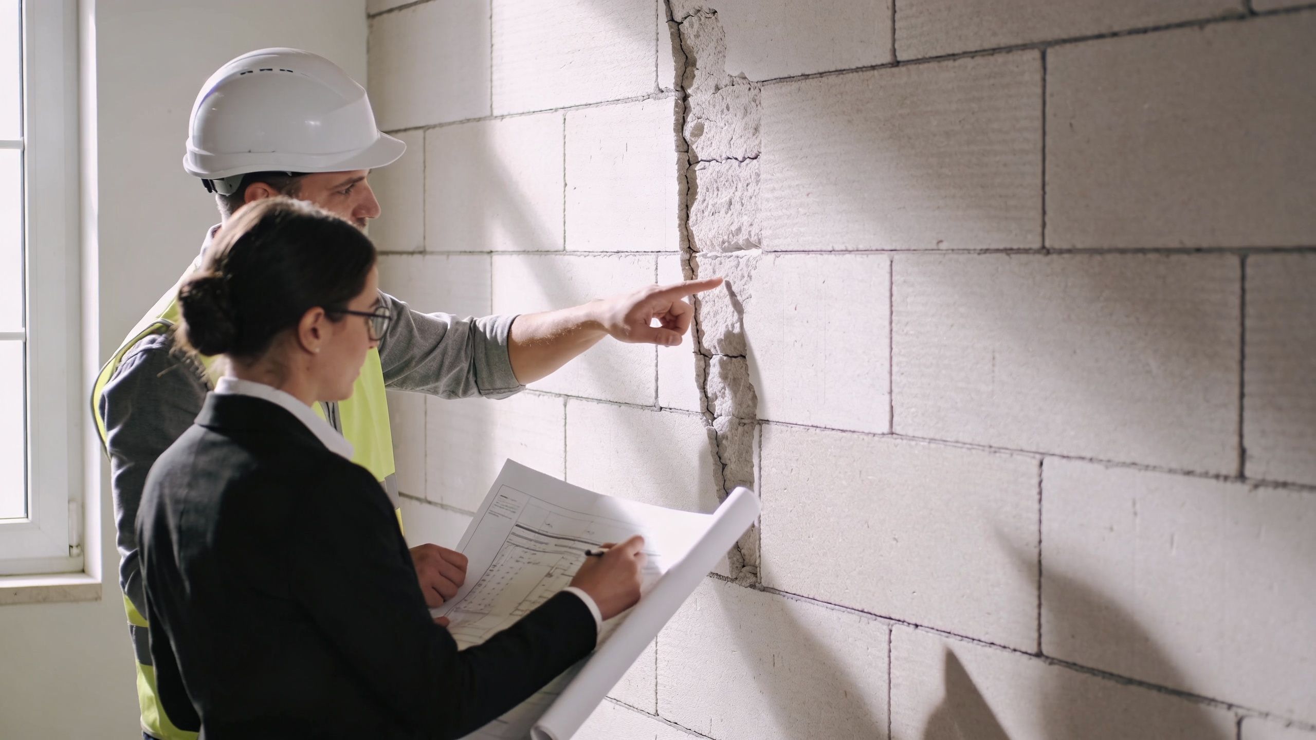 A professional construction engineer and an inspector examining a large structural crack in a white cinder block wall.