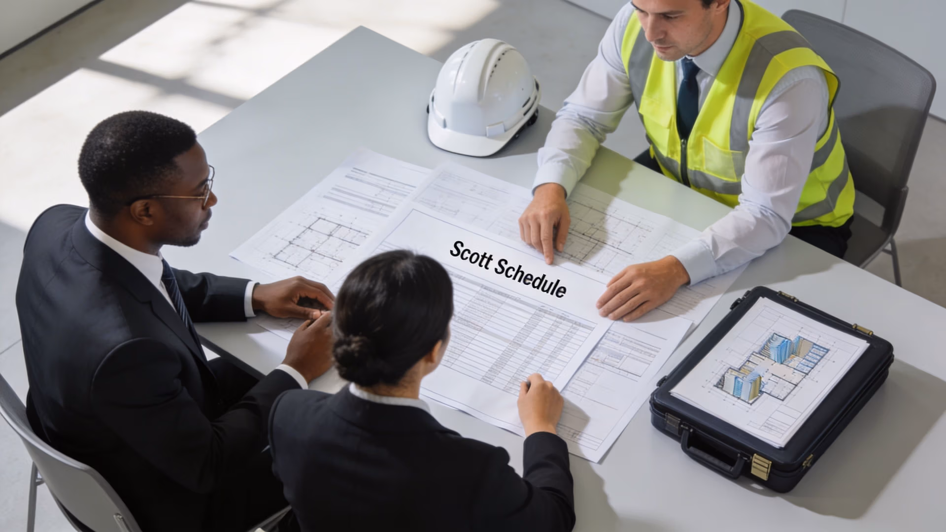 Three professionals in a meeting room reviewing construction documents and a Scott Schedule on a desk.