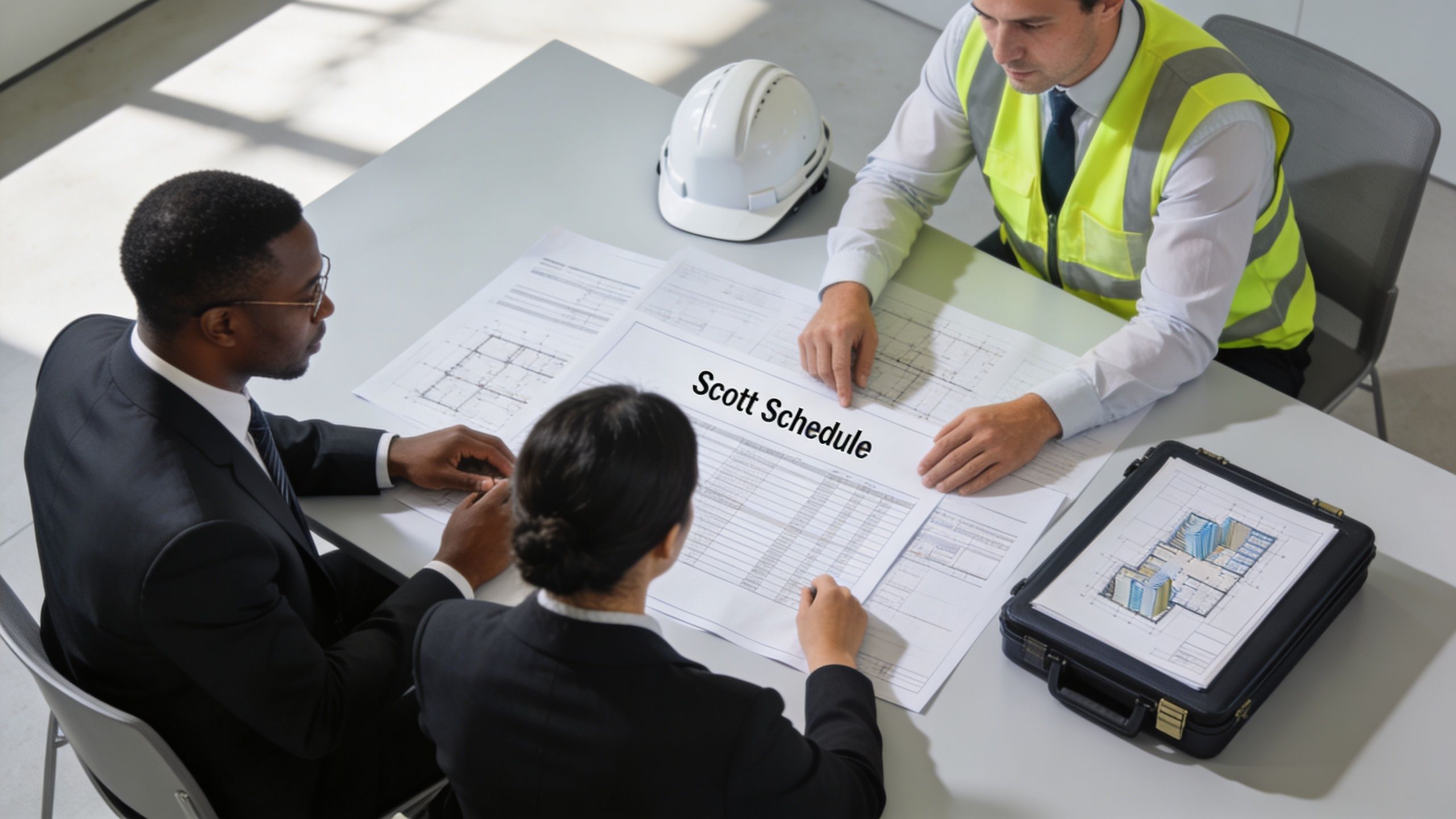 Three professionals in a meeting room reviewing construction documents and a Scott Schedule on a desk.
