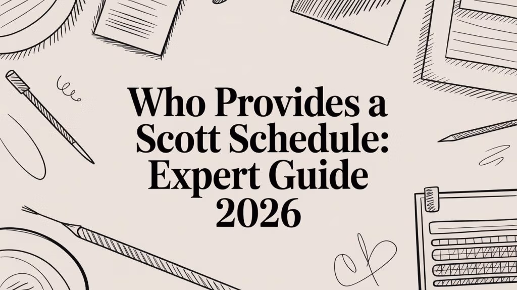Cover image for 'Who Provides a Scott Schedule: Expert Guide 2026' with doodle-style office supplies around a beige background