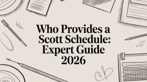 Cover image for 'Who Provides a Scott Schedule: Expert Guide 2026' with doodle-style office supplies around a beige background