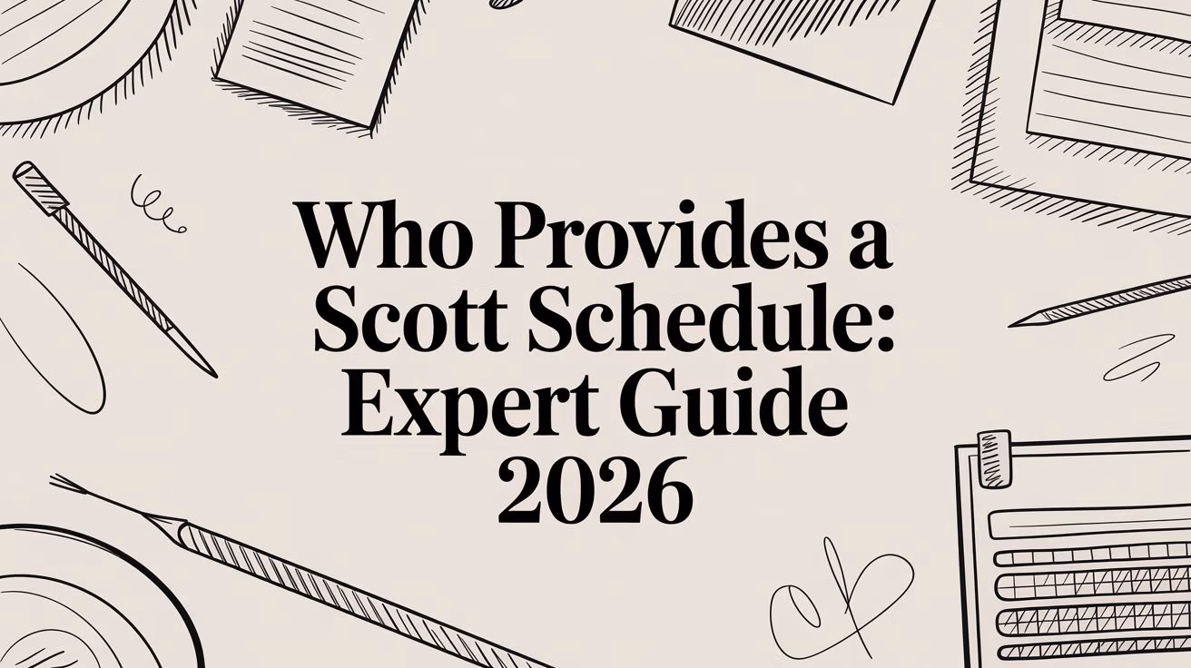 Cover image for 'Who Provides a Scott Schedule: Expert Guide 2026' with doodle-style office supplies around a beige background
