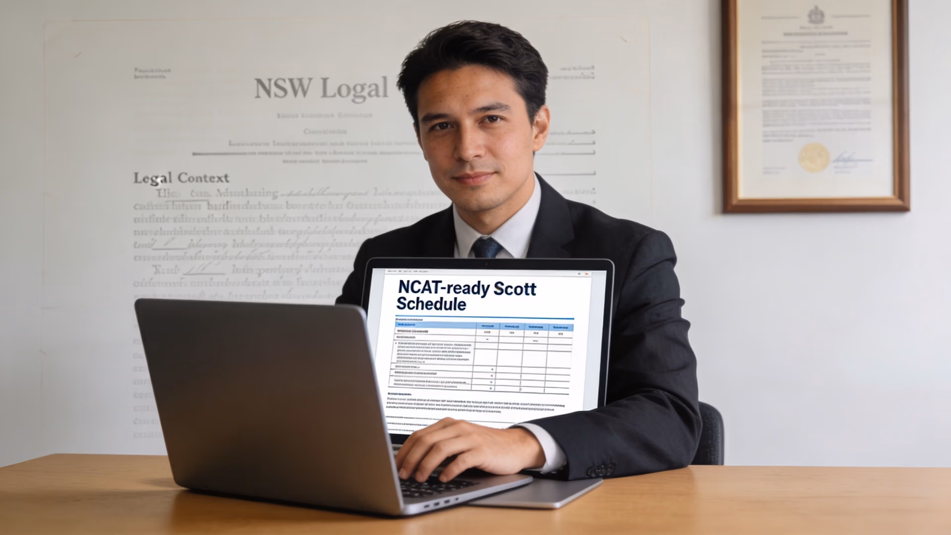 A professional man in a suit sitting at a desk presenting a NCAT-ready Scott Schedule on a laptop.