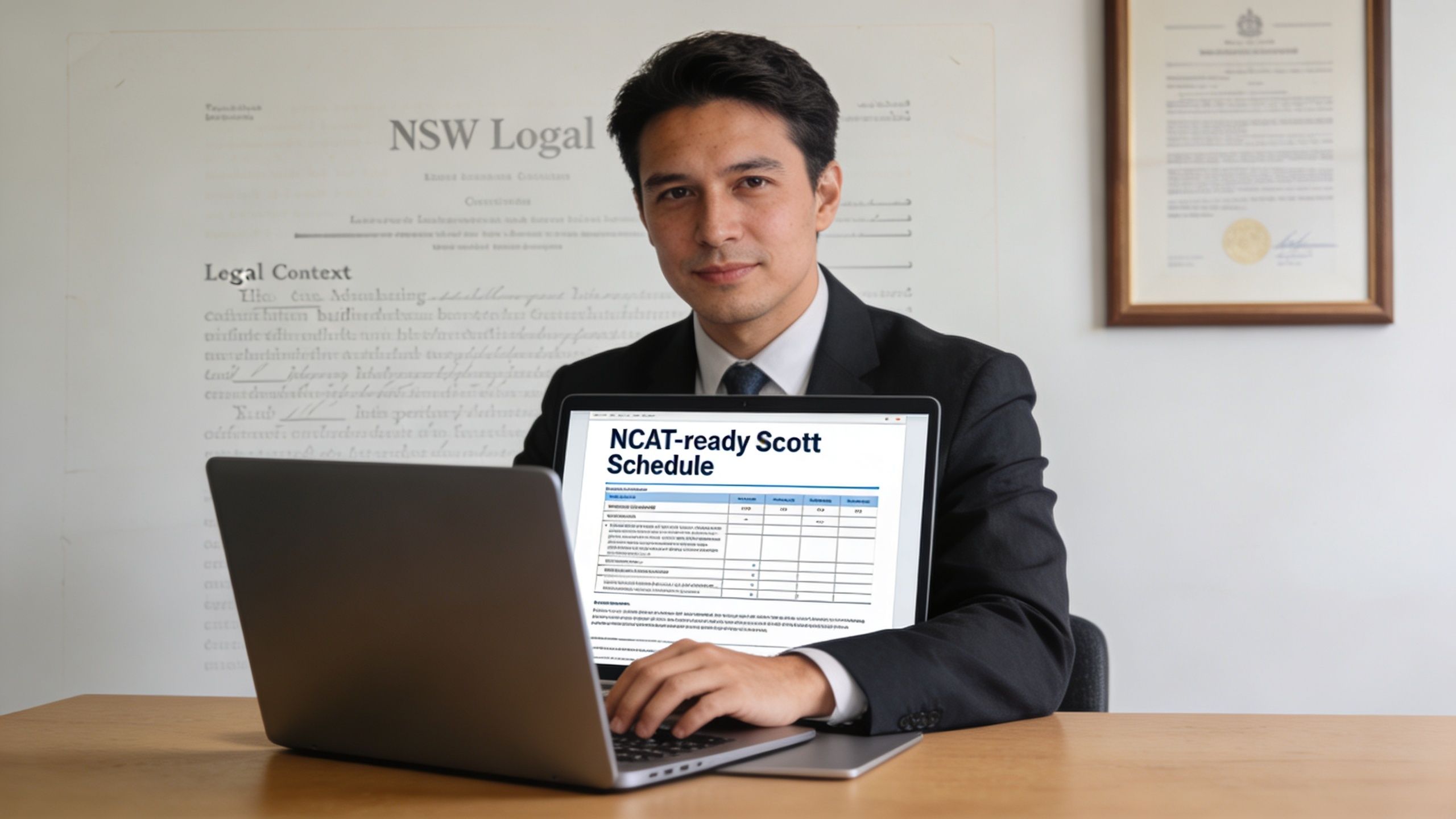 A professional man in a suit sitting at a desk presenting a NCAT-ready Scott Schedule on a laptop.