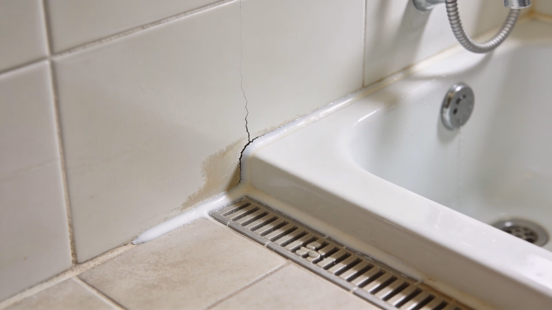 A crack in the wall tile and failed grout line where a shower basin meets the wall