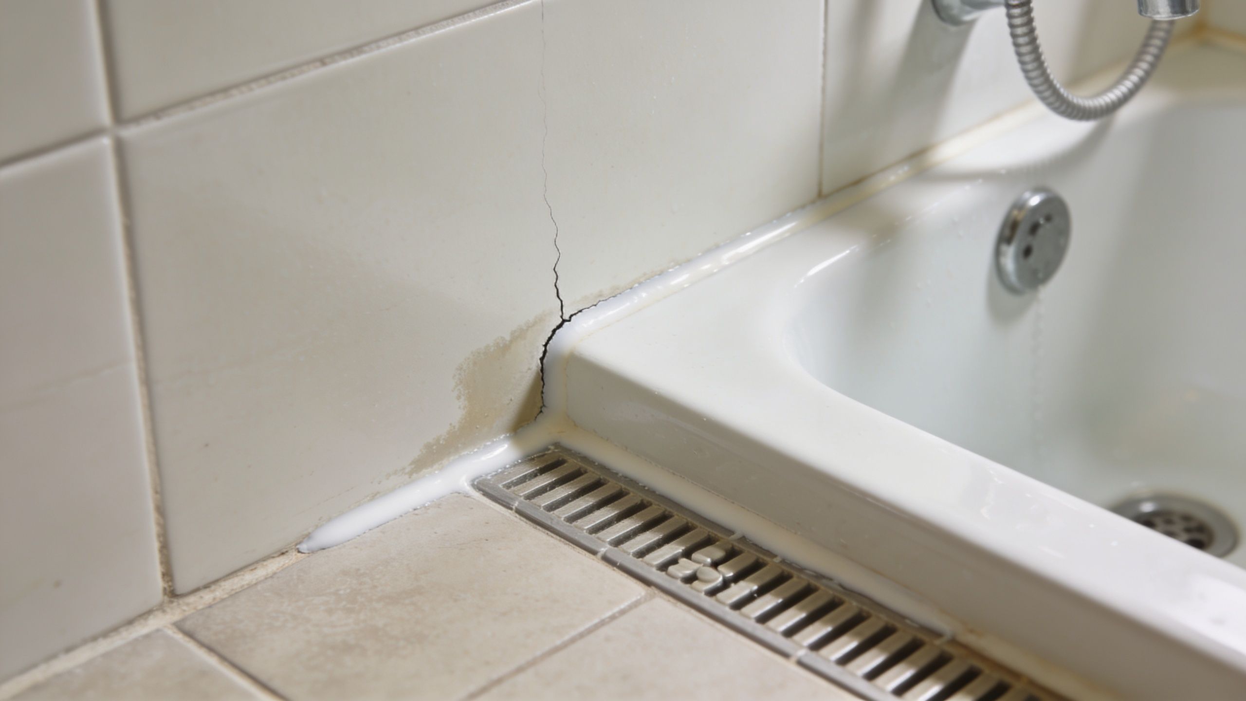 A crack in the wall tile and failed grout line where a shower basin meets the wall