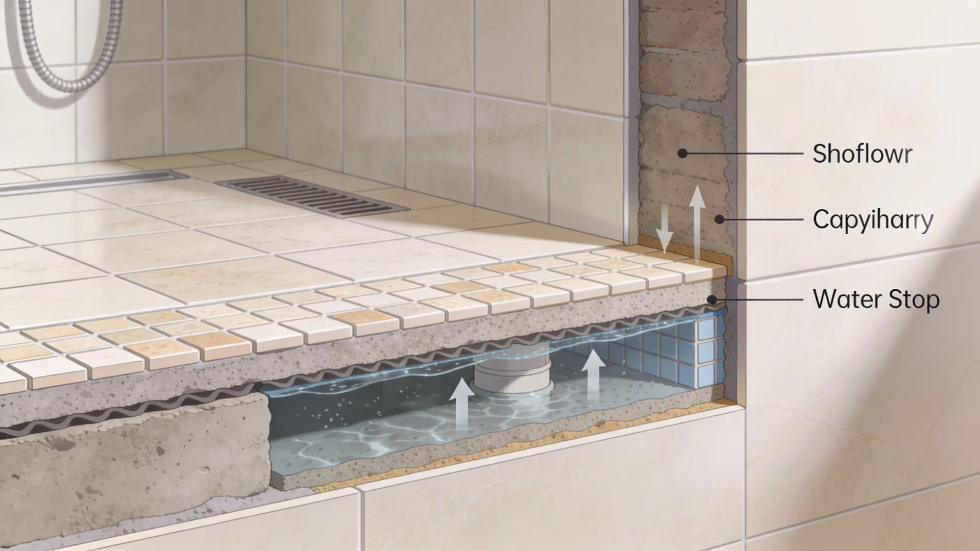 A cross-section diagram showing a tiled shower base with a water stop component preventing moisture penetration.