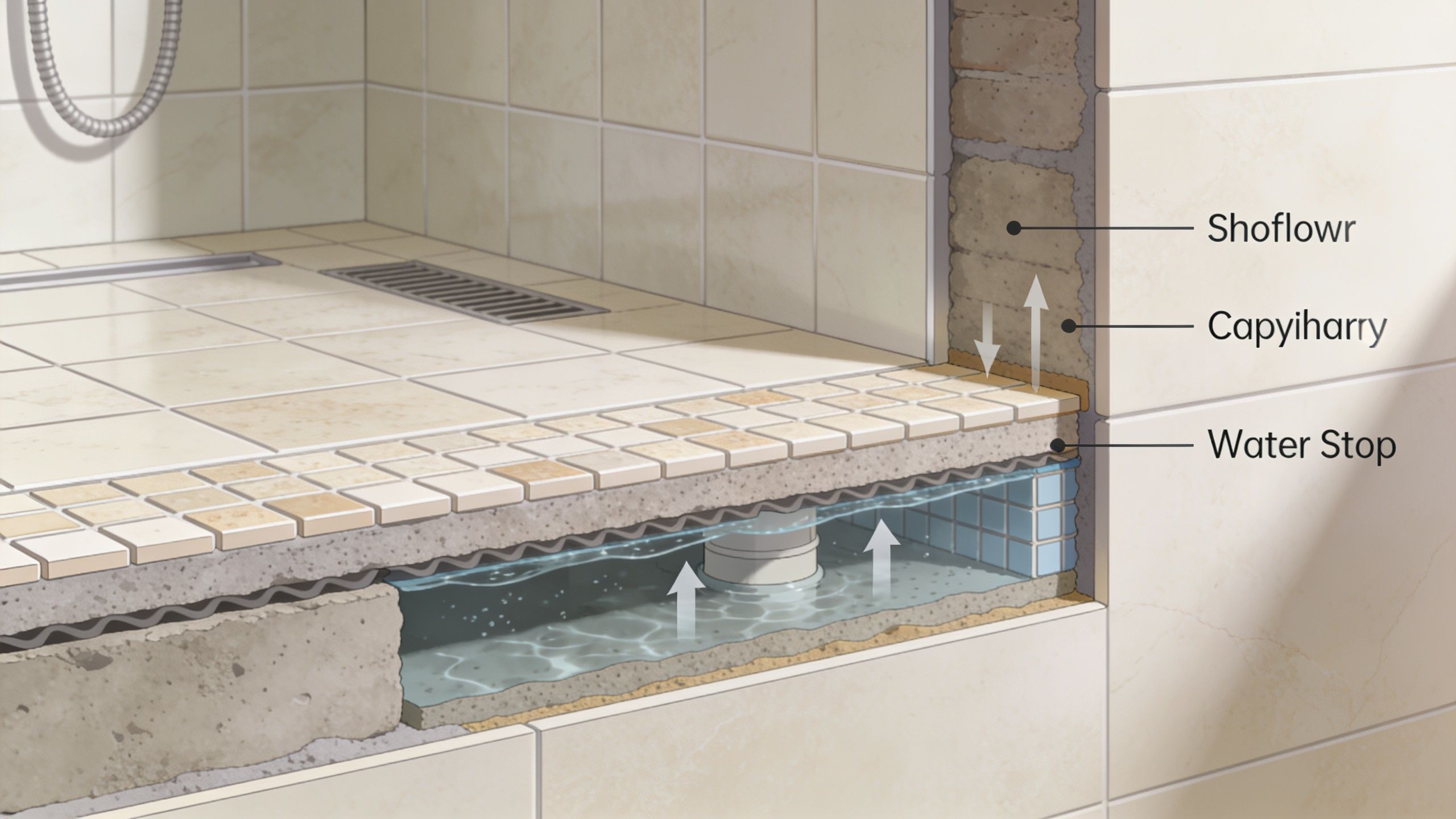 A cross-section diagram showing a tiled shower base with a water stop component preventing moisture penetration.