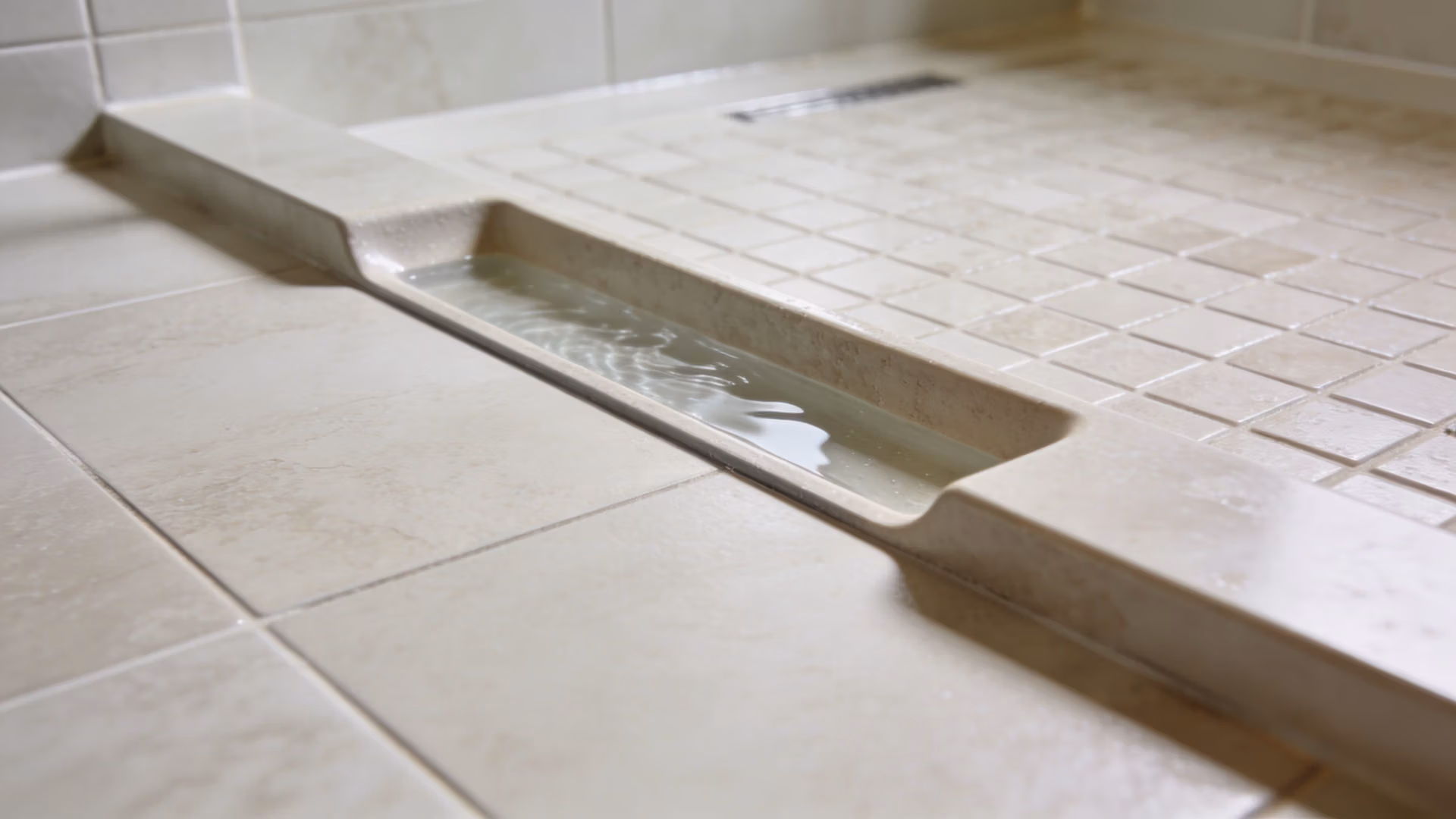 A close-up view of a shower floor with a water barrier curb showing pooling water.