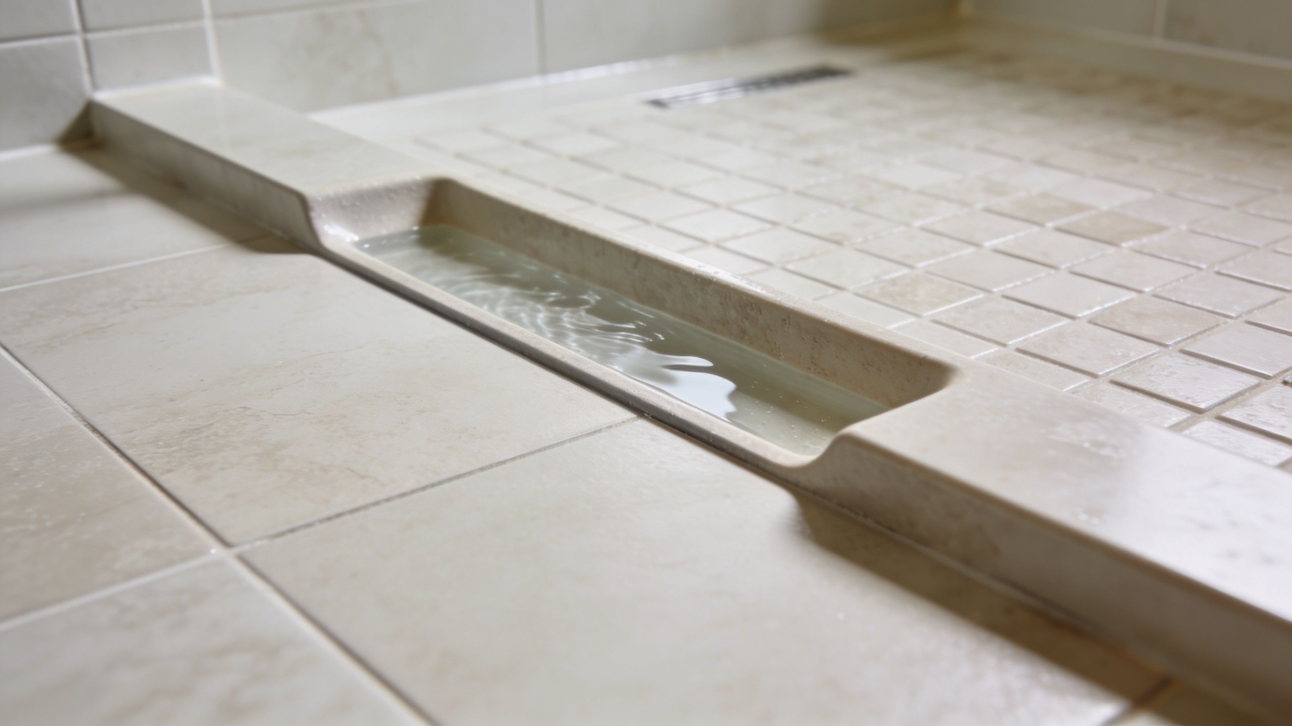 A close-up view of a shower floor with a water barrier curb showing pooling water.