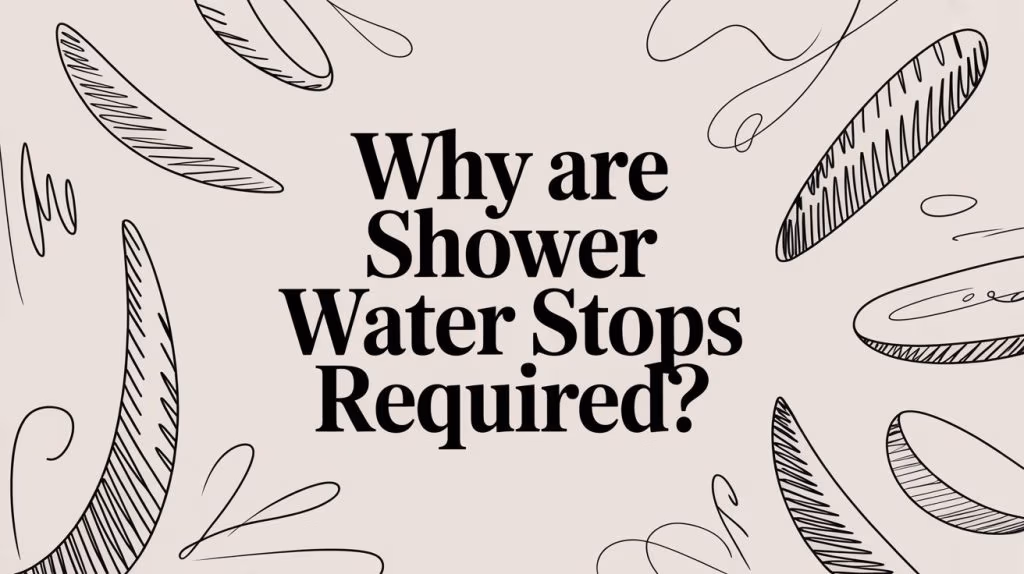 Question poster asking why shower water stops are required, with abstract doodle borders on a beige background.