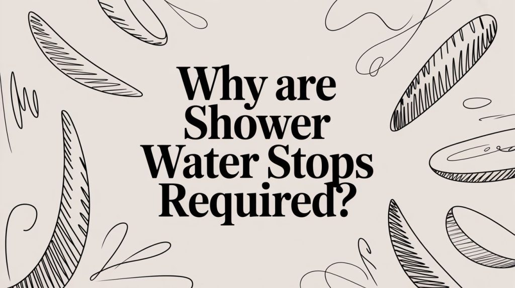 Question poster asking why shower water stops are required, with abstract doodle borders on a beige background.