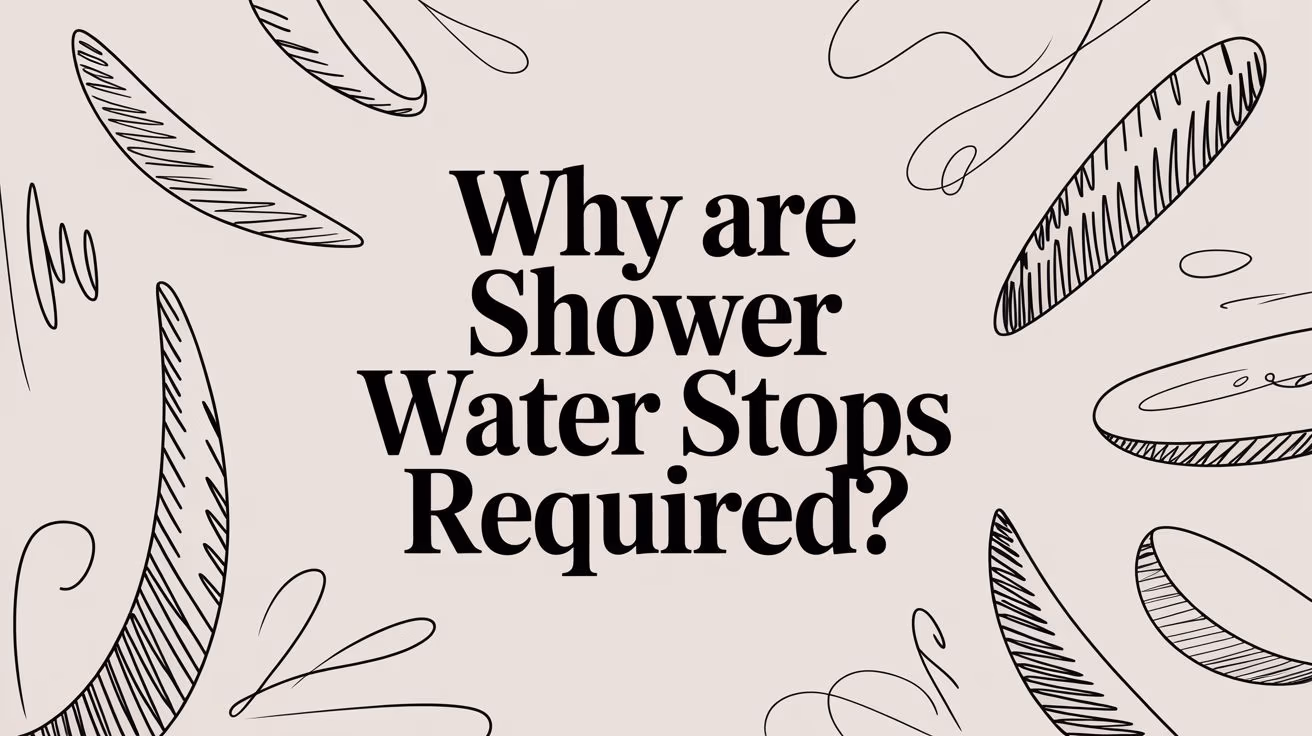 Question poster asking why shower water stops are required, with abstract doodle borders on a beige background.