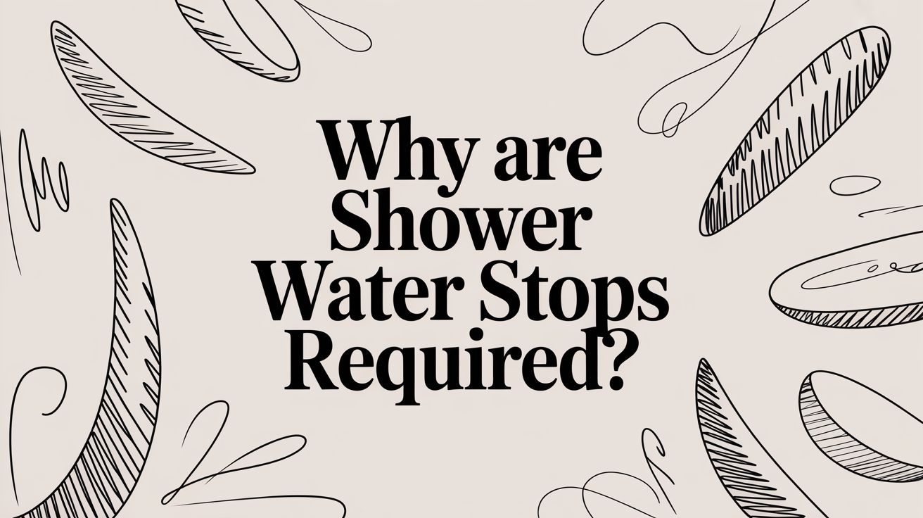 Question poster asking why shower water stops are required, with abstract doodle borders on a beige background.