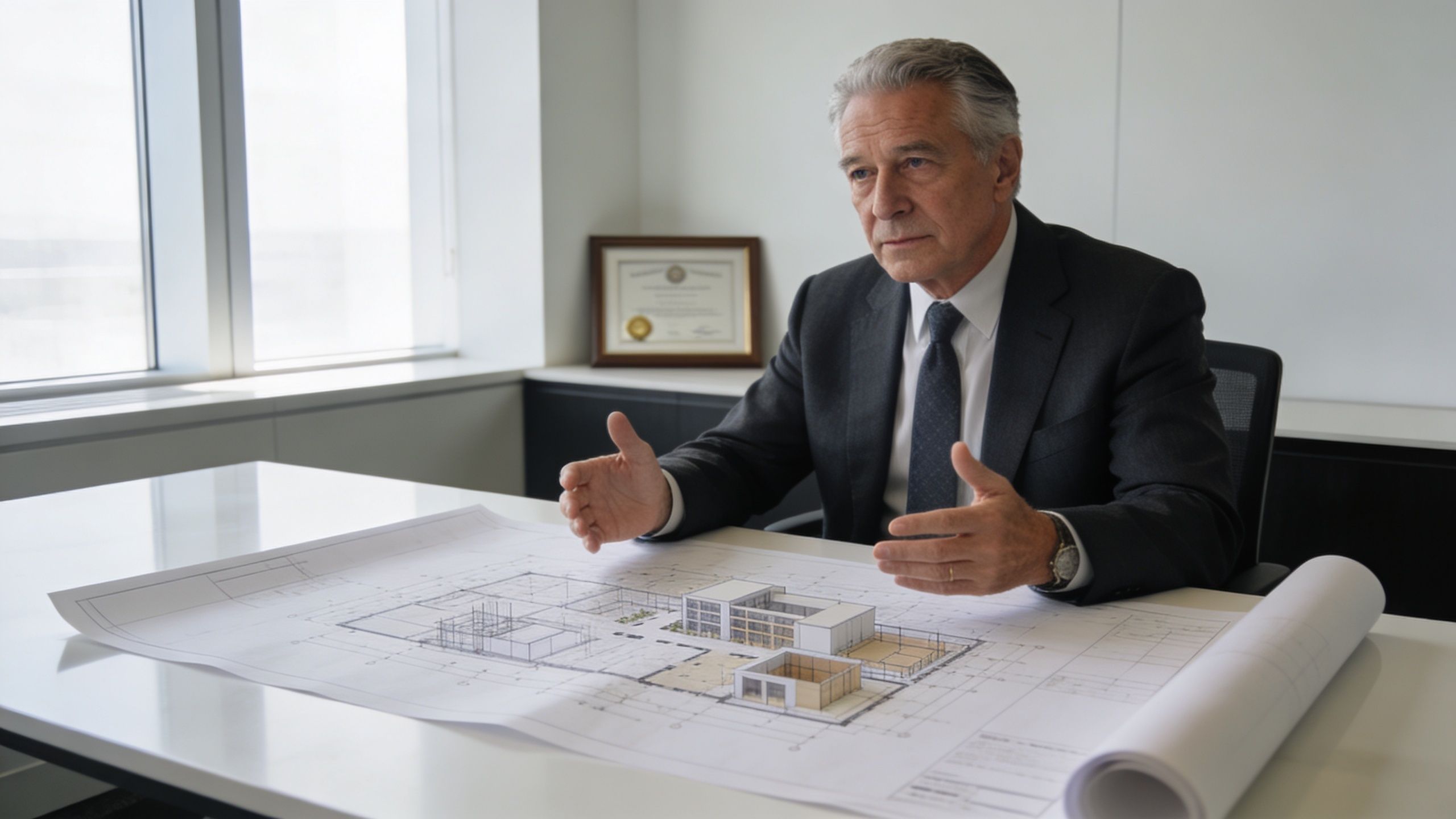 A professional senior architect in a suit reviewing building blueprints at his modern office desk.