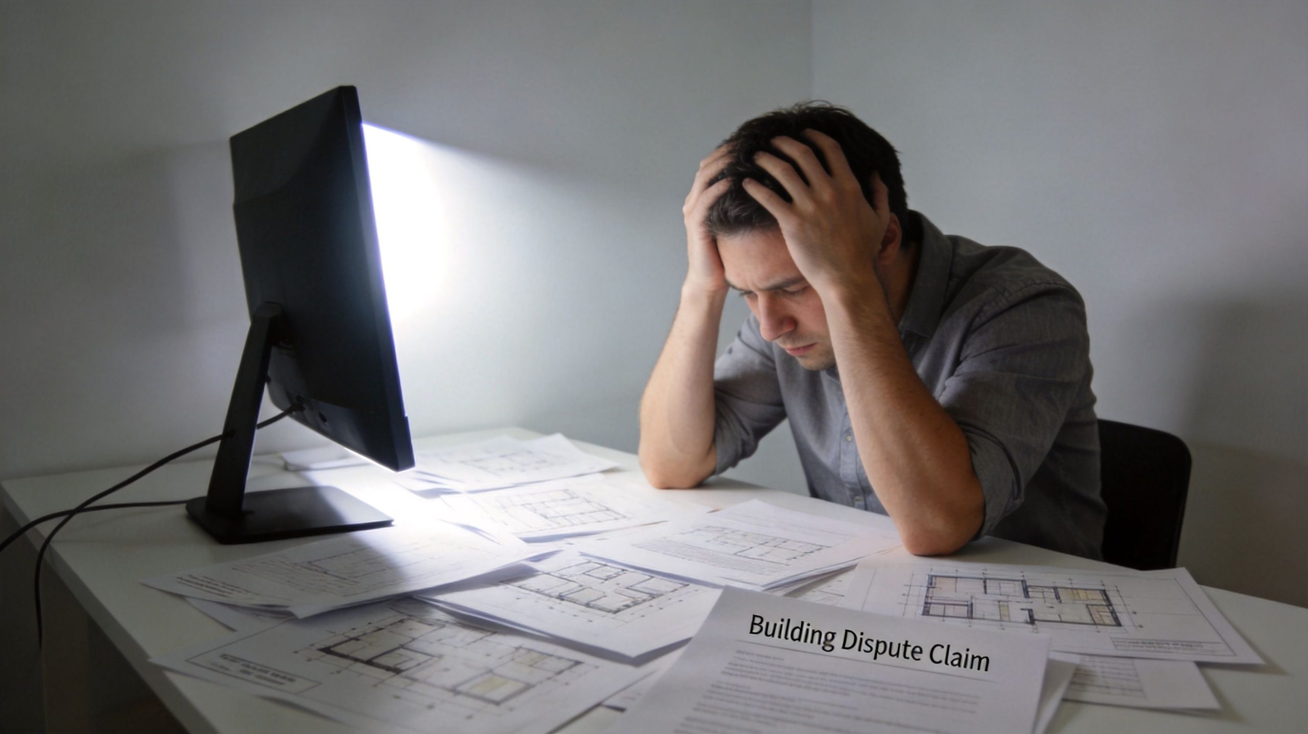 A stressed man sitting at a desk with building plans and a Building Dispute Claim document.