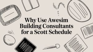 Header graphic with the title 'Why Use Awesim Building Consultants for a Scott Schedule' surrounded by hand-drawn kitchen tools in a beige banner.