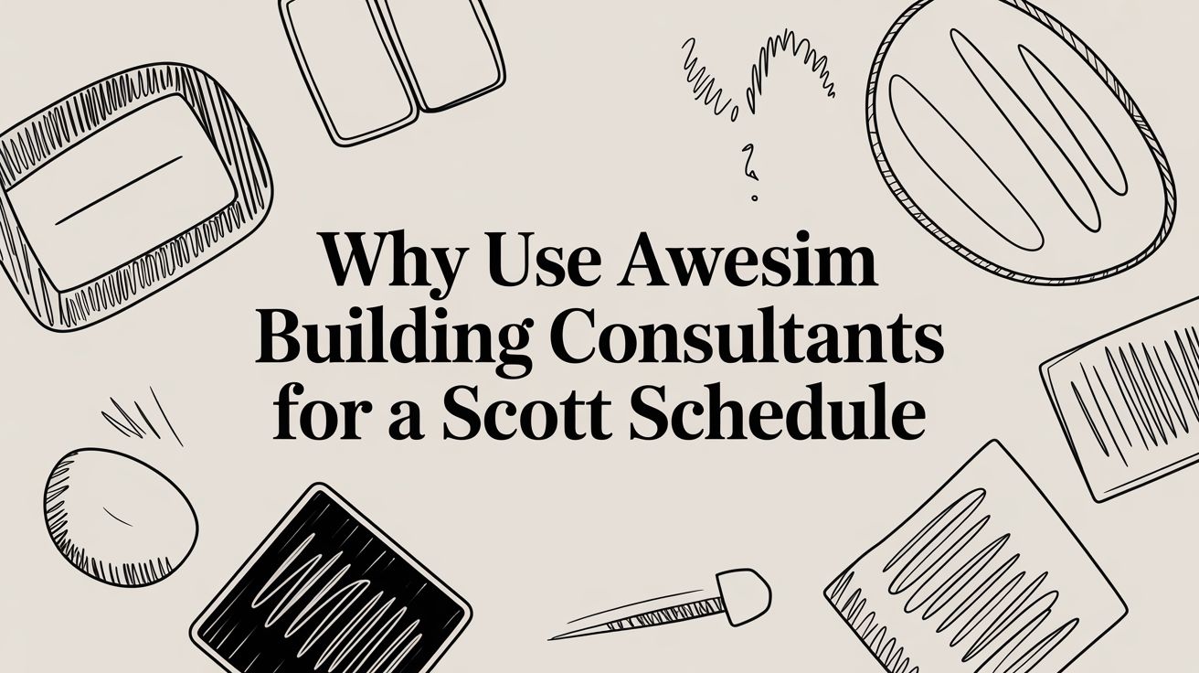 Header graphic with the title 'Why Use Awesim Building Consultants for a Scott Schedule' surrounded by hand-drawn kitchen tools in a beige banner.