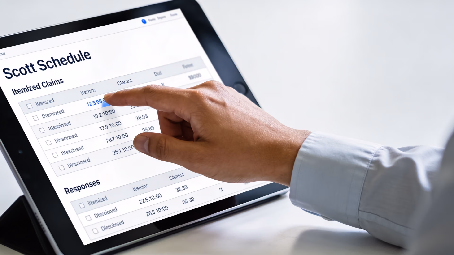 A professional using a tablet to review an itemized claims schedule for an expert witness report.