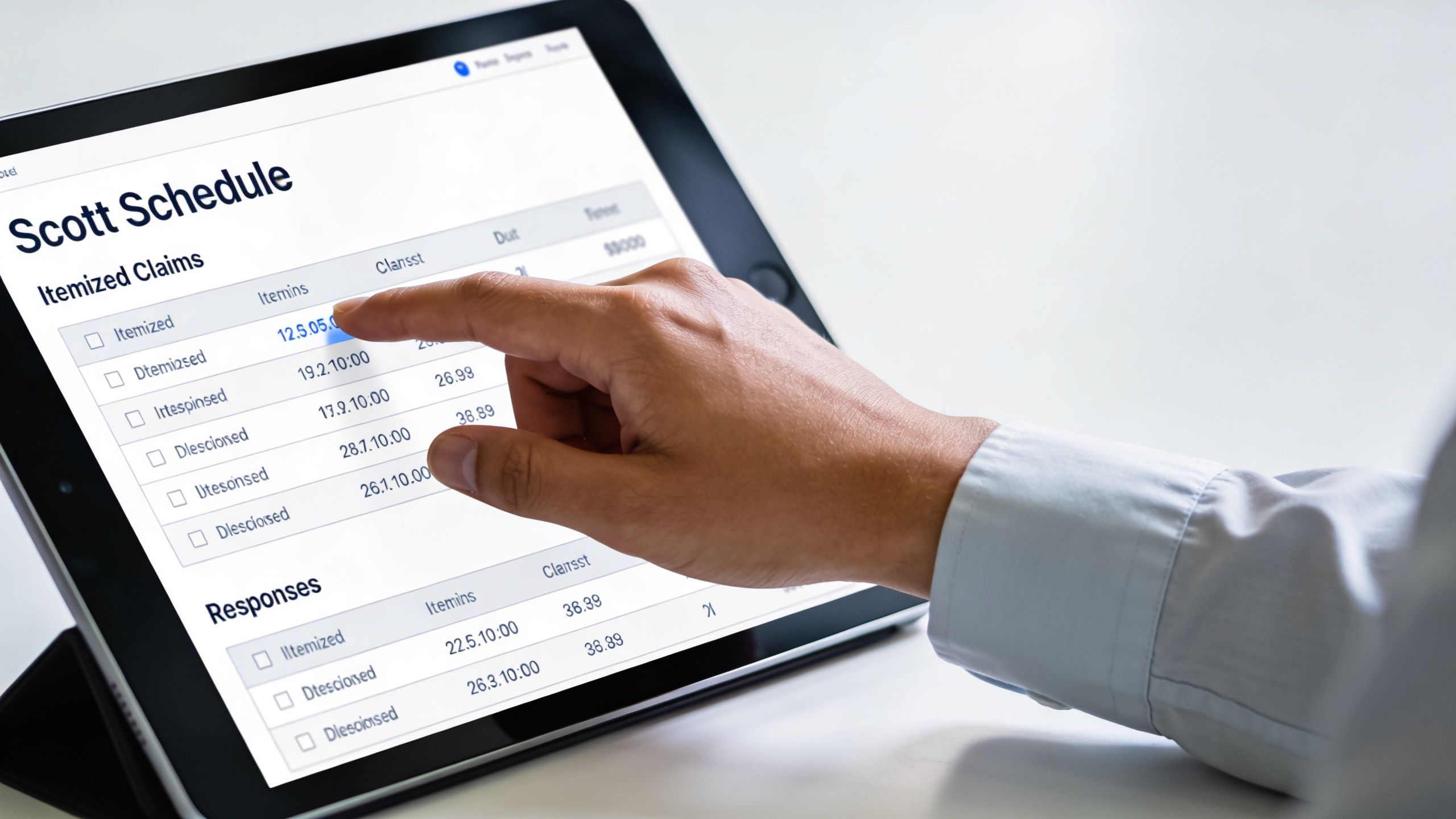 A professional using a tablet to review an itemized claims schedule for an expert witness report.