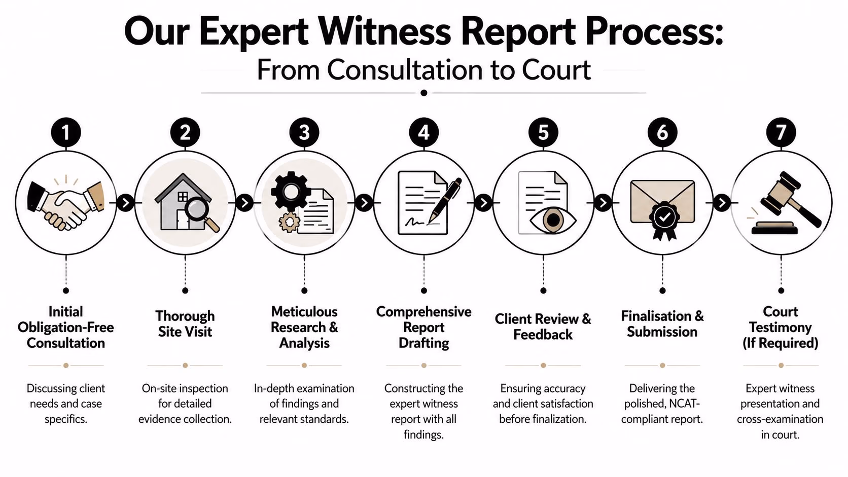 A seven-step infographic showing the professional process of creating an expert witness report from consultation to court.