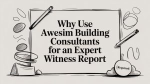 Cartoon-style framed banner with the title 'Why Use Awesome Building Consultants for an Expert Witness Report' and hand-drawn pencils and doodles surrounding it, conveying a promotional or explanatory image.