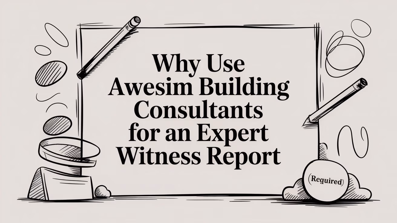 Cartoon-style framed banner with the title 'Why Use Awesome Building Consultants for an Expert Witness Report' and hand-drawn pencils and doodles surrounding it, conveying a promotional or explanatory image.