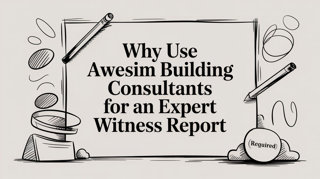 Cartoon-style framed banner with the title 'Why Use Awesome Building Consultants for an Expert Witness Report' and hand-drawn pencils and doodles surrounding it, conveying a promotional or explanatory image.