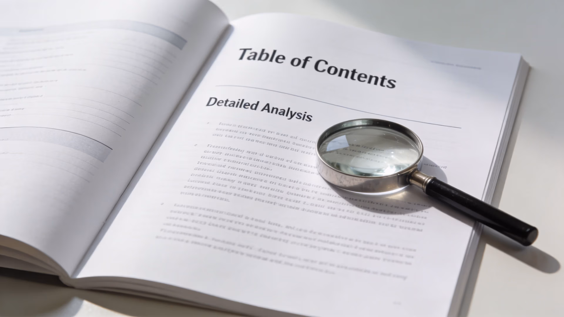 A magnifying glass resting on an open book titled Table of Contents and Detailed Analysis.