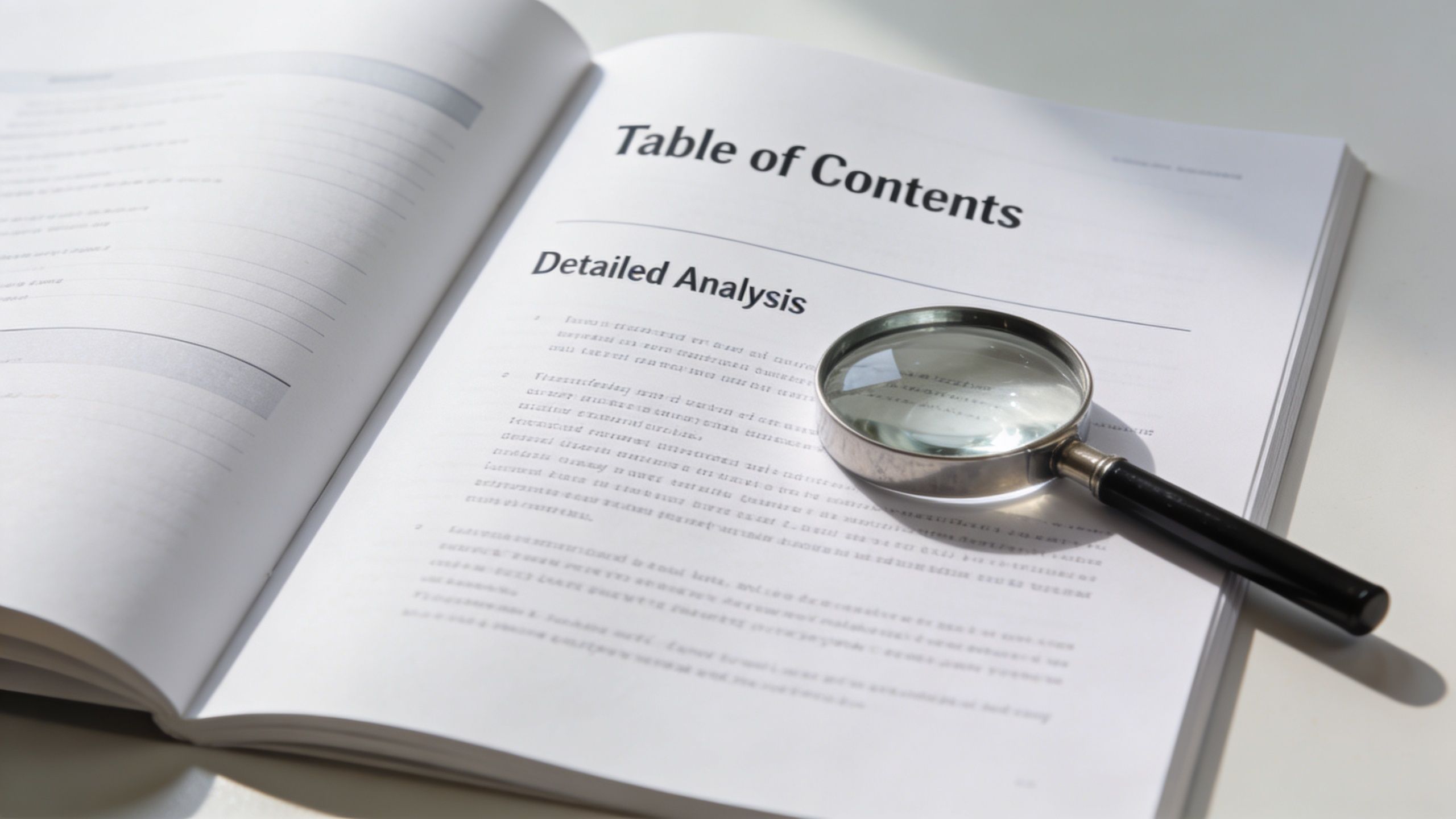 A magnifying glass resting on an open book titled Table of Contents and Detailed Analysis.