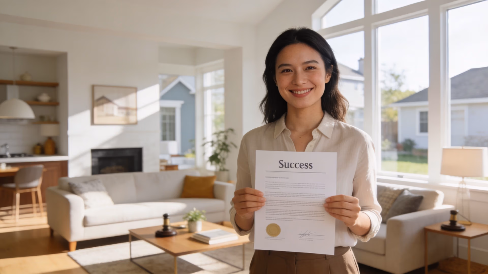 A smiling woman in a bright living room holding a professional document with the title Success.