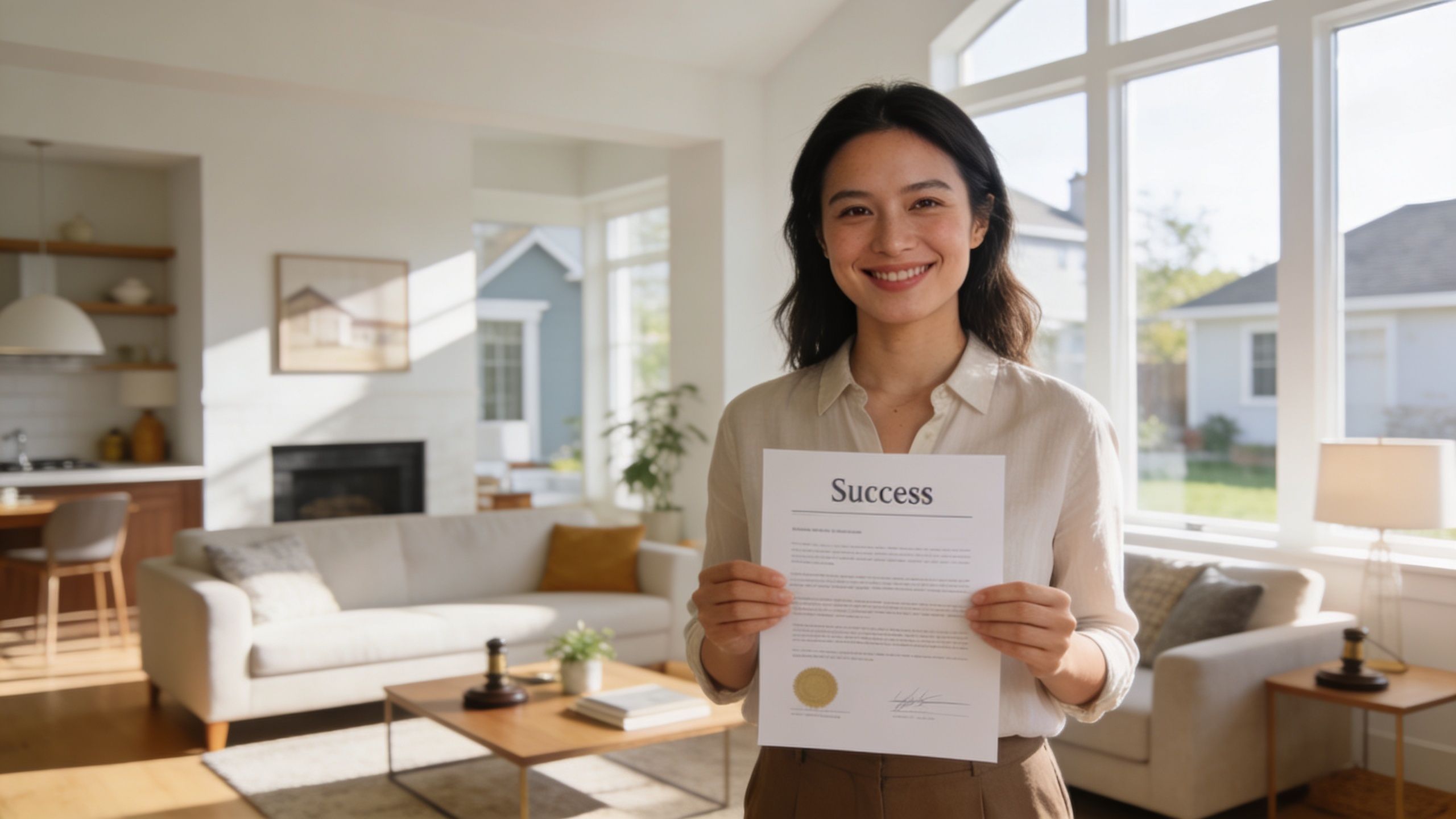 A smiling woman in a bright living room holding a professional document with the title Success.