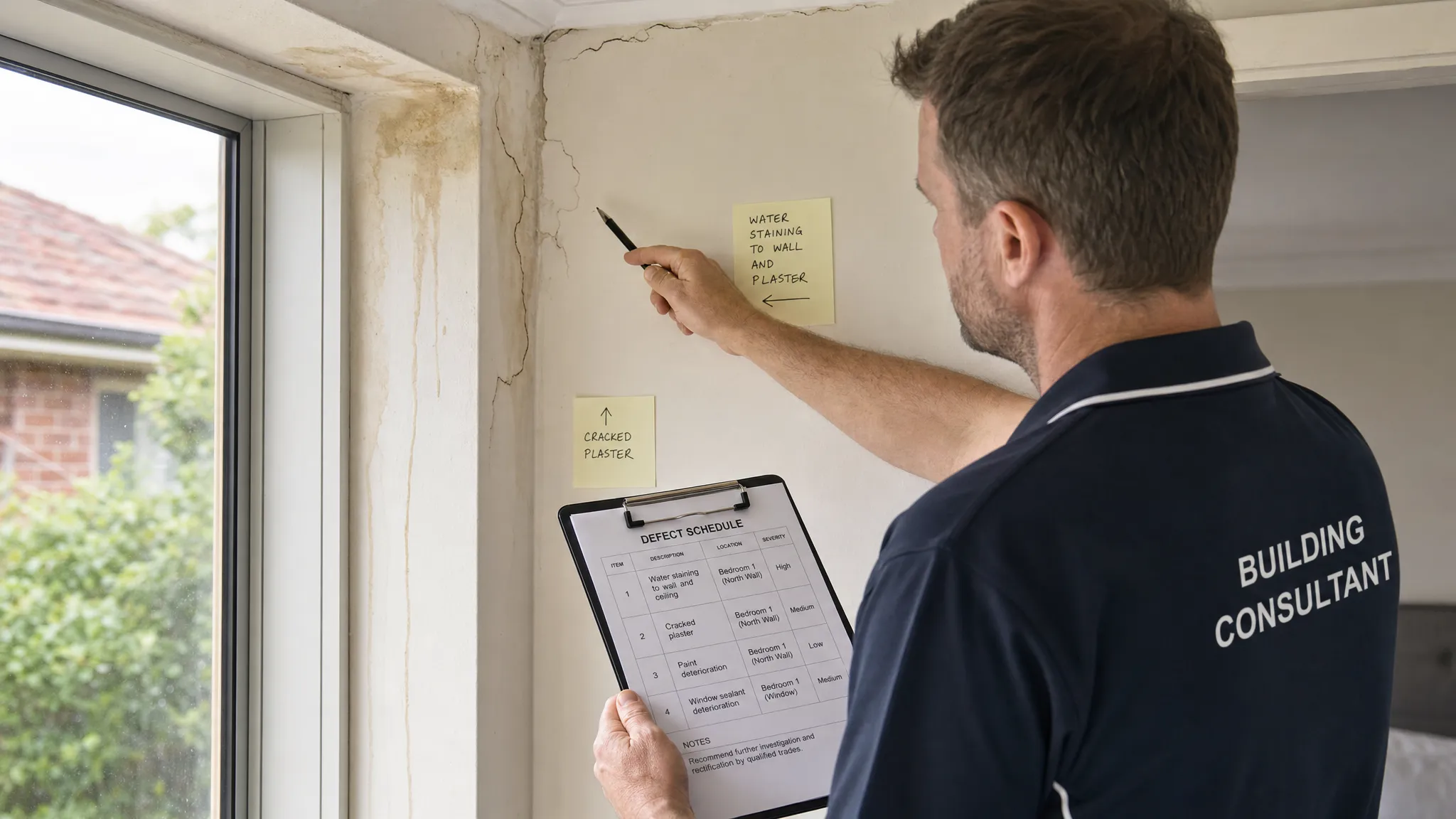 A building consultant inspecting water staining near a window and cracked interior plaster in a residential property, with labelled inspection notes and an itemised defect schedule on a clipboard.