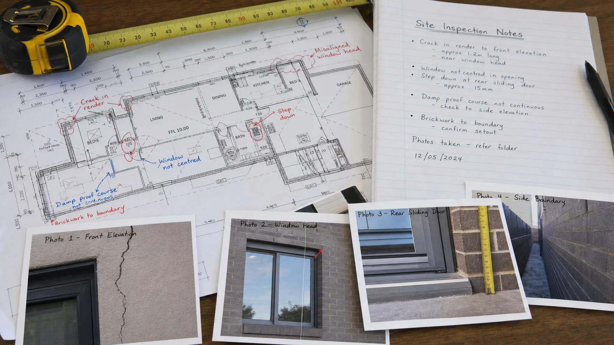 A close-up of marked-up plans, inspection notes, a measuring tape and printed photographs arranged on a table, showing organised evidence for resolving a building dispute early.